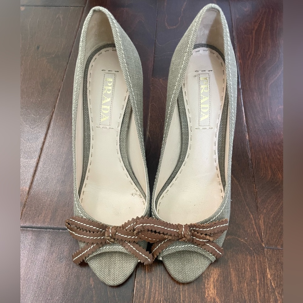 Prada Green and Brown Peep-Toe Heels with Bow Accent